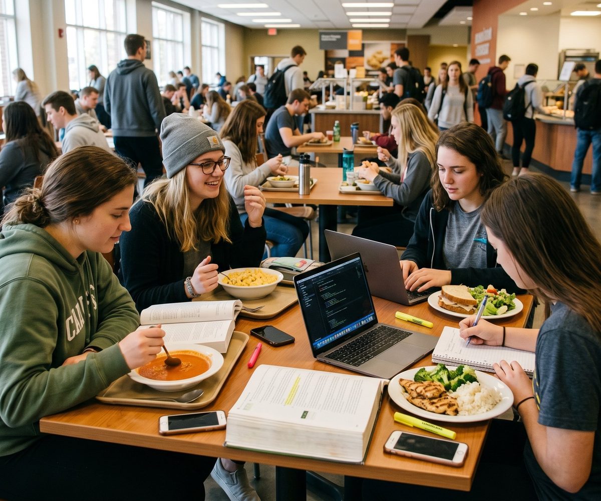 College students sharing a meal with soup in a campus dining hall