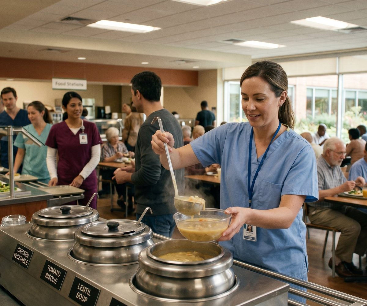 Cafeteria worker ladling soup at a healthcare facility servery