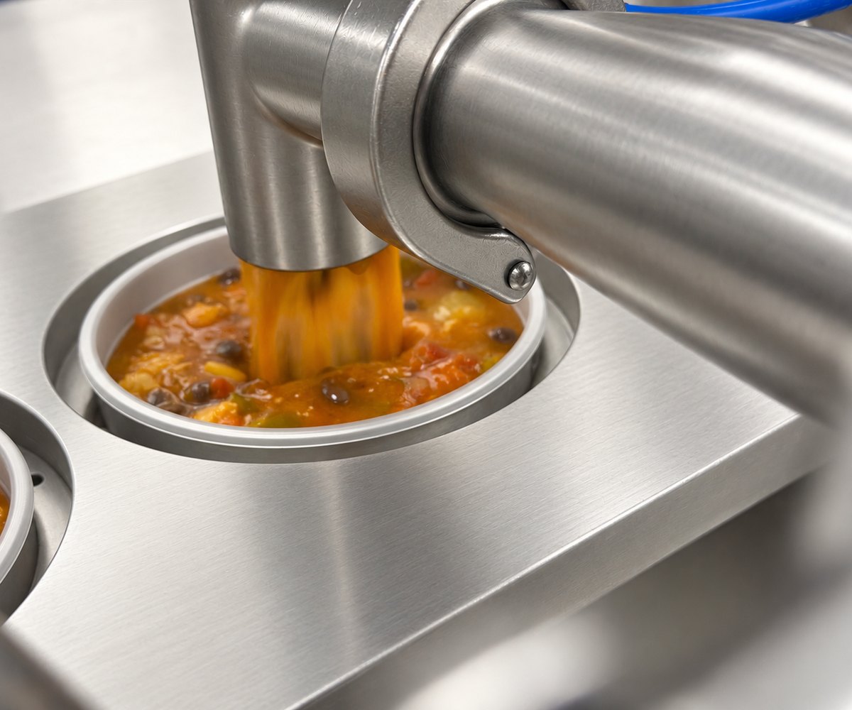 Soup being filled into a retail cup on the packaging line